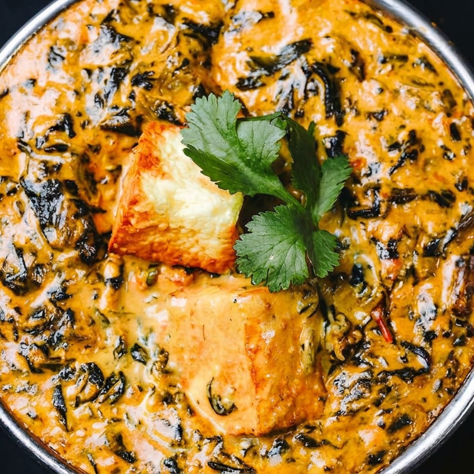 Creamy orange curry with grilled paneer cubes, black spices, and fresh cilantro in a handled serving bowl.