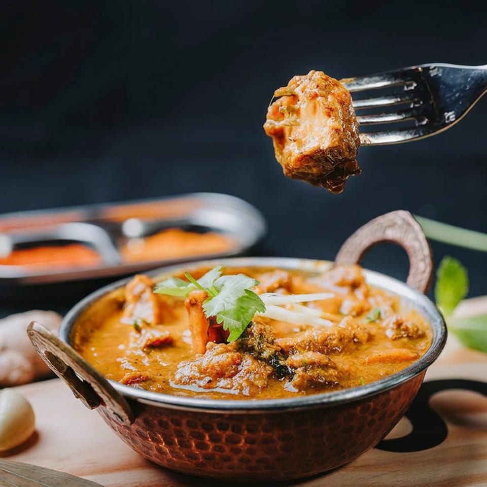 Creamy orange curry garnished with cilantro and bean sprouts, with a fork holding a bite above the bowl and spices nearby.