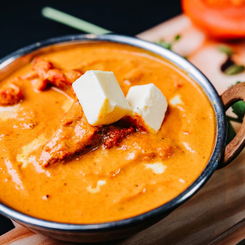 Creamy orange Indian curry topped with paneer cubes, served in a handled bowl on a wooden board with cilantro garnish.