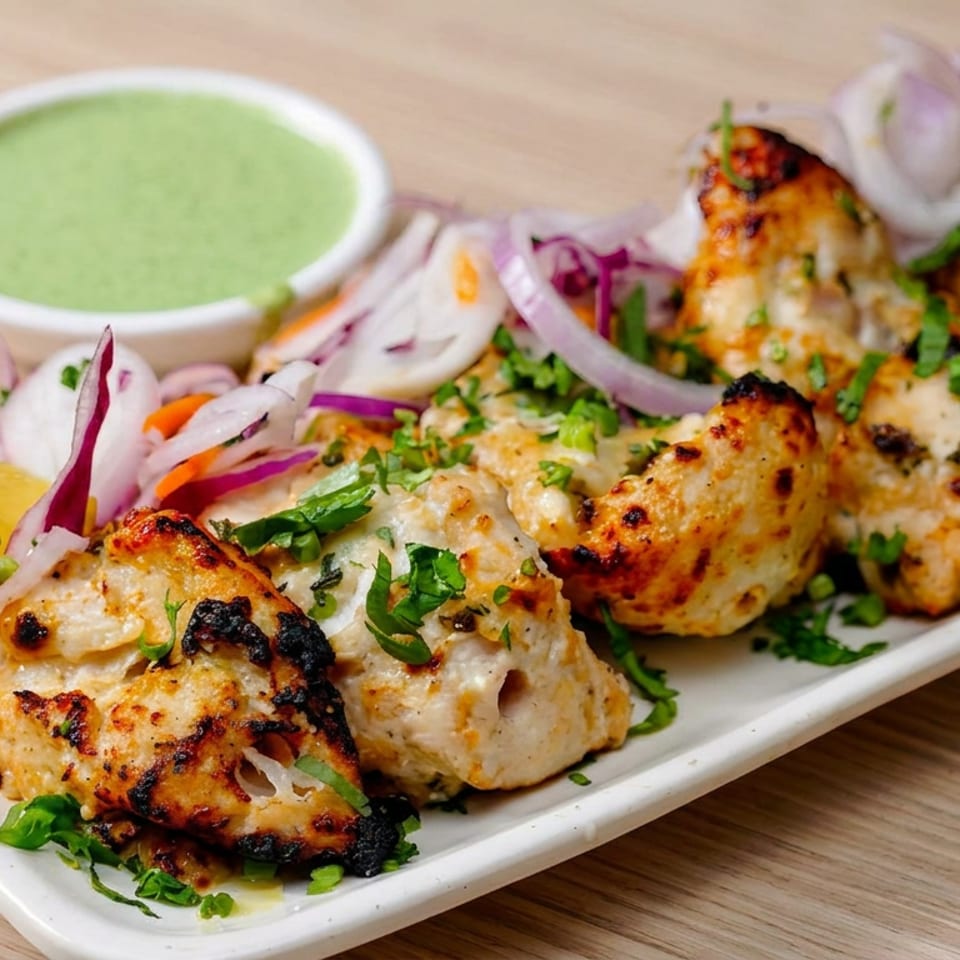 Grilled chicken kebab pieces garnished with cilantro, red onions, lemon, and green dipping sauce on a white platter.