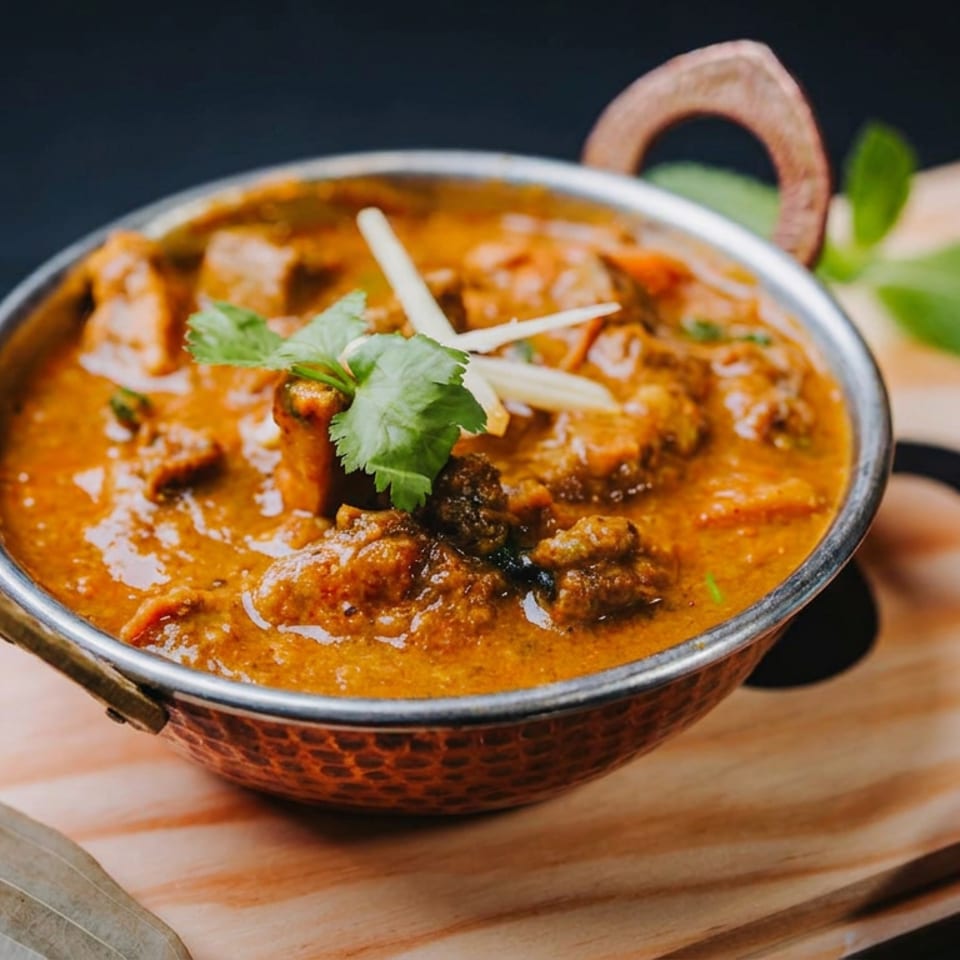Rich orange curry garnished with cilantro and ginger sits in a hammered bowl beside chickpeas and spices on a wooden board.